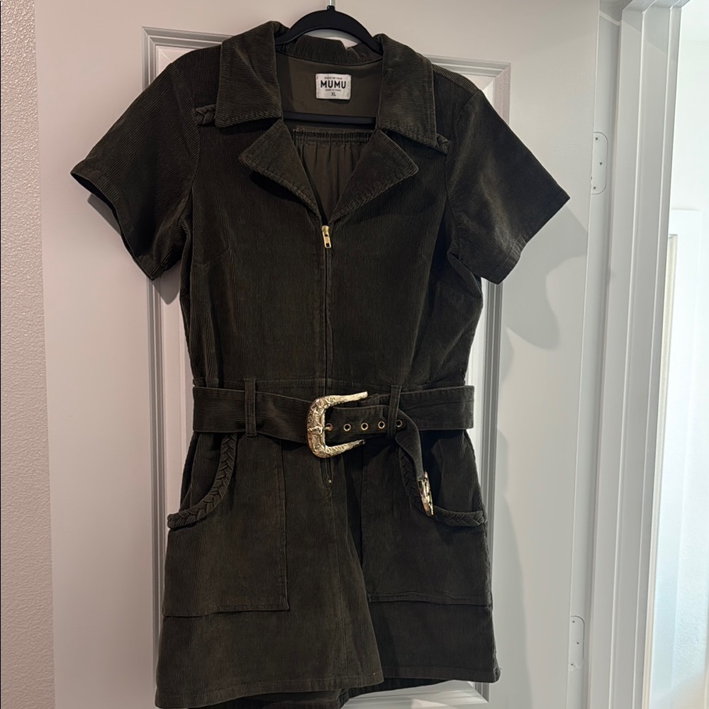 Show Me Your MuMu Olive Green Corduroy Zip Mini Dress with Belt - Picture 2 of 5